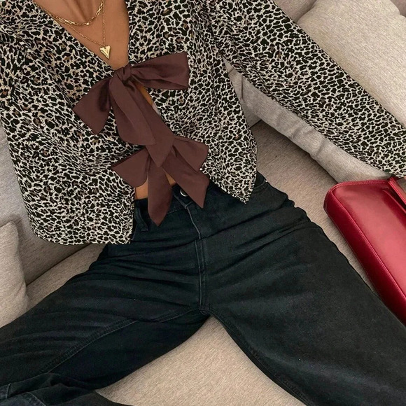 Tops - Black Casual Women's Comfort Chiffon Bow Tie Leopard Print Blouse